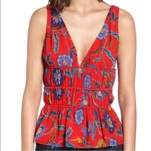 Rebecca Minkoff Lucy Red Floral V-Neck Peplum Blouse Tank